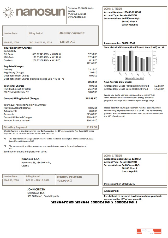 Czech Republic Nanosun s.r.o utility bill